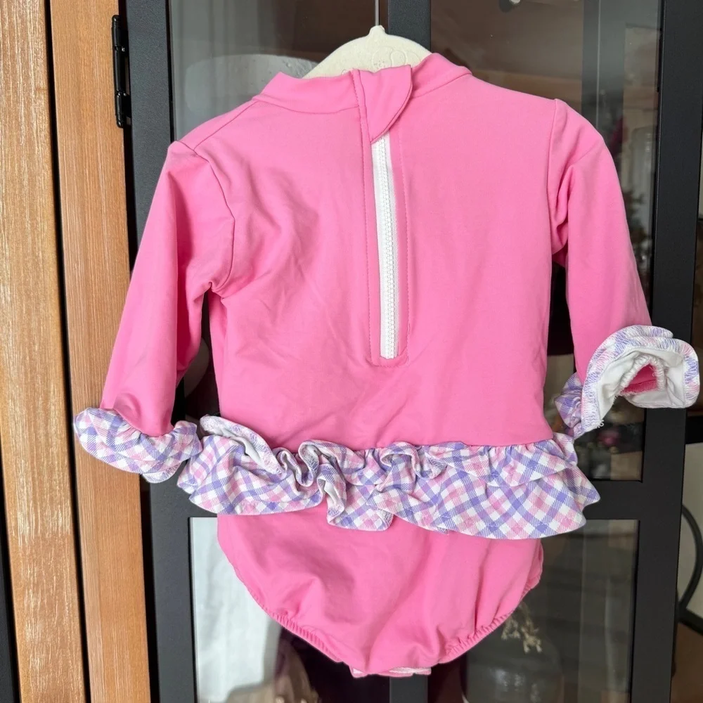 Florence Eiseman one piece swimsuit baby girl flower 3D gingham long sleeve